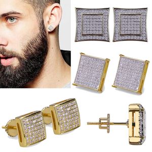 Boucles d'oreilles carrées en or véritable 18 carats Hiphop CZ Zircon 0,7-1,6 cm pour hommes, femmes et filles