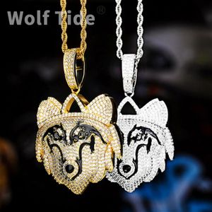 Collier avec pendentif chien loup en zircone cubique pour hommes, plaqué or véritable 18 carats, diamant scintillant personnalisé, Hip Hop rappeur, Bijoux de fête, cadeau pour hommes, Bijoux