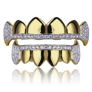18K Gold Teeth Grillz Caps, Iced Out Top & Bottom Vampire Fangs Dental Grill Set, Wholesale