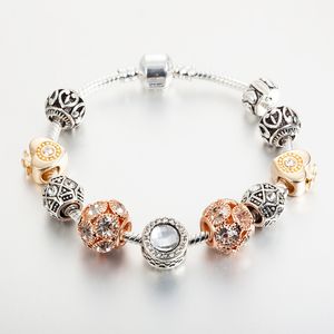 18K Rose Plaqué Or Coeur Charmes Perles Européennes Bracelet pour Pandora 925 Argent Serpent Chaîne Bracelets pour Femmes en gros