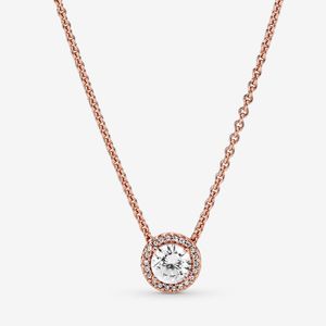 Collar de halo de chispa redonda de oro rosa de 18 quilates para Pandora 925 Joyas de diseñador de bodas de plata esterlina para mujeres Collares de regalos de diamantes CZ con caja original