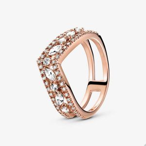 Anillos de boda de oro rosa de 18 quilates para Pandora Sparkling Marquise Double Wishbone Ring Set para mujeres niñas Crystal Diamond 925 anillo de plata con caja original al por mayor