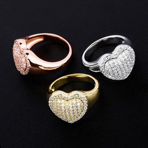 Oro blanco de 18 quilates Bling Heart Love Cubic Zirconia Anillos para mujer Iced Out Diamond Anillo de compromiso de boda Anillo Hip Hop Joyas Regalos para damas