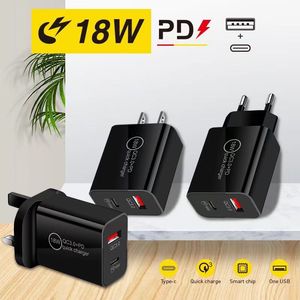 Chargeur PD 18W Double chargeur rapide USB USB QC3.0 Type C Charger mural US / EU / UK Plug Wall Adaptateur pour l'iPhone 15 Samsung Mobile Phone