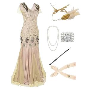 1920s Gatsby Sequin Flapper Dress Party Stage Wear Con cuentas con accesorios de los años 20 Diadema Guantes Pendientes Collar de perlas Cigarette Holder Set Plus Size