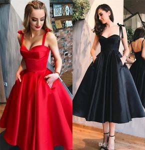 Década de 1950 Retro Rojo Negro Vestidos de baile espaguetis 2018 Una línea Longitud de té Tallas grandes Satén corto Cóctel Vestidos de fiesta de noche con bolsillos