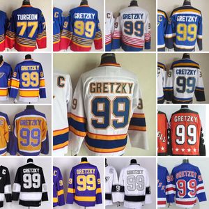 1967-1999 Película Retro CCM Hockey Jersey Bordado 99 Wayne Gretzky Jerseys 77 Pierre Turgeon Hombres Vintage Jerseys Negro 1995 1996 Azul Blanco