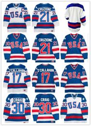 1980 Team USA Hockey Jerseys 30 Jim Craig 21 Mike Eruzione 17 Jack O'Callahan 1980 Year Miracle USA Vintage Hockey Jersey Blanc Bleu S-3XL