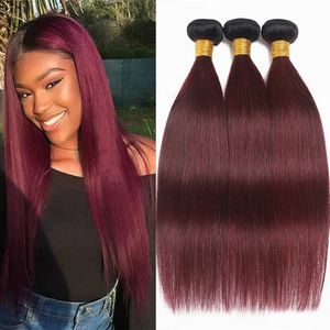 Tissage en lot brésilien naturel lisse bordeaux foncé ombré 1B 99J, Extensions de cheveux vierges non traités, rouge vin