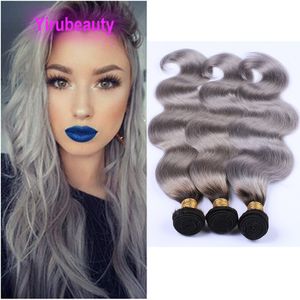 # 1B Grey Ombre Body Wave 4 paquetes de cabello virgen brasileño teje tramas dobles 95-100 g / pieza 1b / gris Dos tonos de color