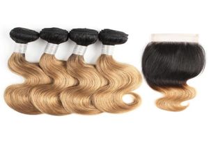 1B27 Poules à cheveux blonds ombre avec fermeture Brazilian Body Wave 50 gbundle 10 12 pouces Bob Bob Remy Extensions de cheveux humains52016261708