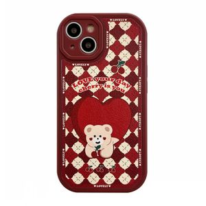 Tpu Anti-knock Cherry Bear Red Lattice Pattern Leathern Funda de teléfono para 13 12 11 Pro Max iphone7 / 8 Plus X XR XS Funda para teléfono inteligente