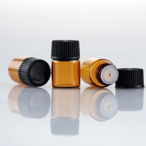 Botella de tubos de muestra de perfume de botella de aceite esencial de vidrio ámbar de 1 ml con tapón y tapas DH8475