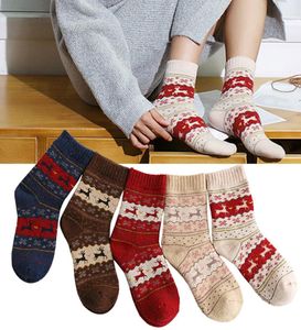 1 par de calcetines navideños de algodón y lana con copos de nieve y ciervos, calcetines cálidos de invierno para mujeres y niñas, botas navideñas para el hogar Sox3284014