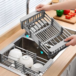 Escurridor de platos ajustable, escurridor de platos de acero inoxidable, escurridor de frutas y verduras, vajilla de cocina, escurridor de platos, estante de almacenamiento G0705, 1 ud.