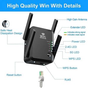 1 répéteur d'amplificateur d'extension WiFi pour la maison en plein air, 1200 Mbps et plus de 45 appareils, WiFi 2,45 GHz double bande WPS Signal WiFi forte pénétrabilité, couverture à 360°