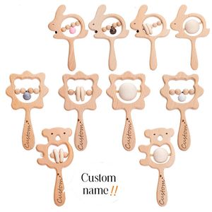 1 pièces bébé jouets en bois hochet série animale cloche à main personnalisé dentition enfants reconnaître enfant cadeau 240226