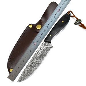 1 Unids C9272 Cuchillo Recto de Supervivencia 5Cr13Mov Patrón Láser Hoja de Punto de Caída Mango de Madera Espiga Completa Cuchillos de Caza de Hoja Fija con Funda de Cuero