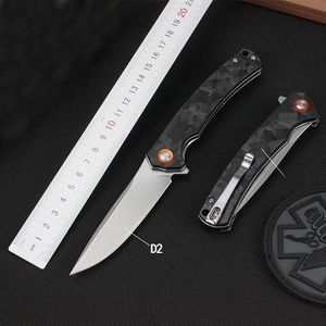 1 Unids R7602 Flipper Cuchillo Plegable D2 Lavado de Piedra Hoja de Punto de Caída Fibra de Carbono con Mango de Hoja de Acero Inoxidable Cojinete de Bolas Cuchillos de Carpeta de Bolsillo de Apertura Rápida EDC Gear