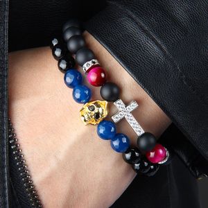 Bijoux Totem religieux, couleurs Onyx mat de 8mm, perles en pierre d'oeil de tigre avec Cz clair, croix royale, Bracelets de jésus pour fête 314H, 1 pièces