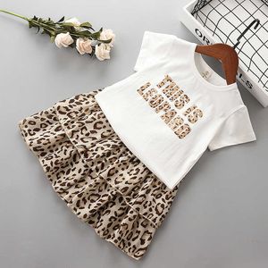 2-7 ans Ensembles de vêtements pour filles de haute qualité Summer Casual Letter Leopard Kid Enfants Chemise + Jupe 2pcs 210615