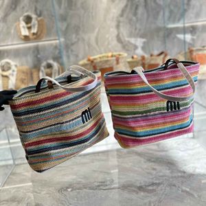 2 couleurs Designer arc-en-ciel broderie paille tissé sac fourre-tout été Lafite paille tissé sacs de plage dame haute capacité Premium Shopping sac à main