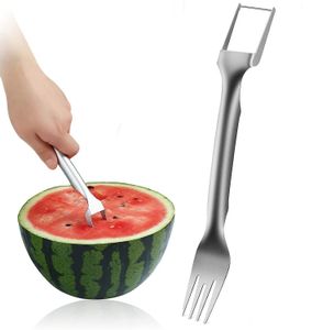 Cortador de tenedor de sandía 2 en 1, cortador portátil de acero inoxidable, cuchillo para ensalada de frutas, tenedor, utensilios para tallar para fiestas familiares