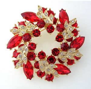 Broche de fleur de couronne de cristal de strass rouge plaquée or de 2 pouces