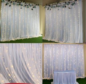 Rideaux de toile de fond de mariage colorés à 2 couches, avec lumières LED, décoration d'arcs de fête, de fond de scène de mariage, drapé en soie, 3M X 3M
