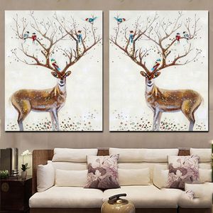 Lienzo abstracto de 2 paneles, pintura artística de ciervo, alce y pájaro, póster con estampado de animales, imagen de pared minimalista para sala de estar