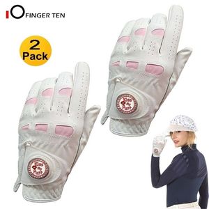 2 uds. De guantes de Golf de cuero Cabretta con empuñadura de marcador de bola ostentosa, mano izquierda derecha, ajuste rosa para damas y niñas, golfista 211124