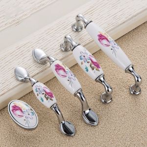 2 Pcs Tulip Ceramic Door Knobs - Silver Drawer Pulls Vintage Furniture Handles