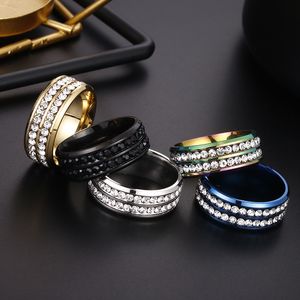 2 filas de anillos de acero inoxidable de cristal, anillo de boda para mujeres, hombres, novia, joyería de moda hip hop