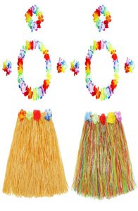 2 ensembles de jupe de danse Hula en herbe hawaïenne, Bracelets à fleurs tropicales, bandeau et collier pour fête hawaïenne 1135833
