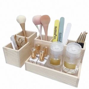 2 Tipo Caja de almacenamiento de madera para herramientas de manicura de escritorio Pinceles para decoración de uñas Soporte para bolígrafos Esmalte de uñas de doble capa Organizador de herramientas de maquillaje o8gO #