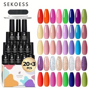 20+3 Pcs Gel Nail Polish Kit - Spring/Summer Macaron Red, Pink, Yellow, Blue, Eucalyptus Green Glitter Nail Polish Gel Soak Off - Glossy & Matte Gel Top Coat For Women Girls Gift