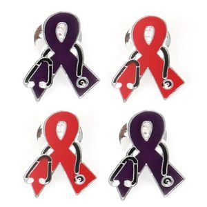 Broches en émail rouge et violet en forme de ruban avec stéthoscope, sensibilisation au Cancer du sein, broches papillon médicales pour accessoires d'infirmière, 20 pièces/lot