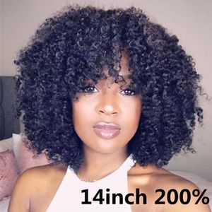200 densité Curly Wig with Bangs Human Hair Wigs Aucune dentelle Fringe Short Bob épais Afro Curly Kinky pour les femmes noires 14inch