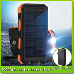 Banco de energía Solar portátil para viaje, 20000mah, resistente al agua, 2 USB, Panel externo de carga, brújula de luz LED doble para todos los teléfonos