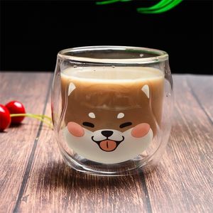 Tazas coreanas bonitas de Shiba Inu de 200ML, taza de leche para desayuno de doble cristal, taza de té y café de dibujos animados Kawaii, tazas de jugo para mujer 220311