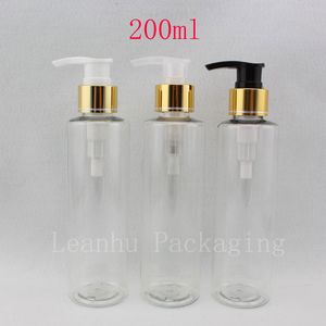 Bouteille en plastique transparente ronde de pompe de lotion de 200 ml X 30 avec la pompe à vis en aluminium d'or, bouteilles en PET de distributeur de shampooing de 200cc bricolage