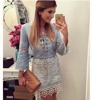 New Fashion Women Lace Up Denim Dress Patchwork Flared Long-...