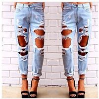 New Fashion jeans woman Light Blue hole Solid Novelty Skinny...