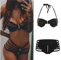 Sexy Swimwear Women Halter Bikini Vintage Zipper Push Up Bik...