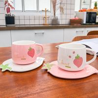 250ml Cartoon Cute strawberry Coffee Mugs Ceramic Creative Floral Juice Tea Cup with Tray Girlfriend Gift