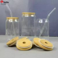 Mason Jar Sublimation Glass Beer Mugs with Bamboo Lid Straw DIY Blanks Frosted Clear Shaped Tumblers Cups Heat Transfer 15oz Cocktail Iced Coffee Soda Whiskey xwx