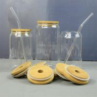 Sublimation Glass Beer Mugs with Bamboo Lid Straw DIY Blanks Frosted Clear Can Shaped Tumblers Cups Heat Transfer 16oz Cocktail Iced Coffee Whiskey Glasses WLL1256