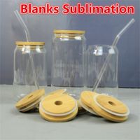 Sublimation 15oz Glass Beer Mugs Tumblers with Bamboo Lid Straw DIY Blanks Frosted Clear Can Shaped Tumblers Cups Heat Transfer Iced Coffee Soda Whiskey Glasses