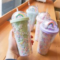 450ML Cute Rainbow tumbler Mugs Cup Double Plastic with Straws PET Material for Kids Adult Girlfirend Gift by sea RRB10955