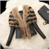 Winter Medium length Women' s Warm Fur Collar Coat Leath...